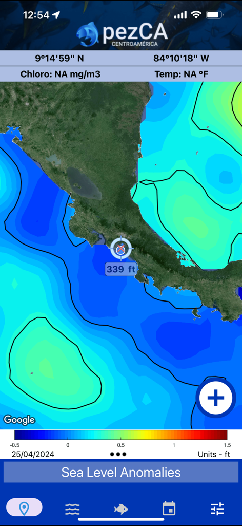 PezCA app map showing sea level anomalies in Central America