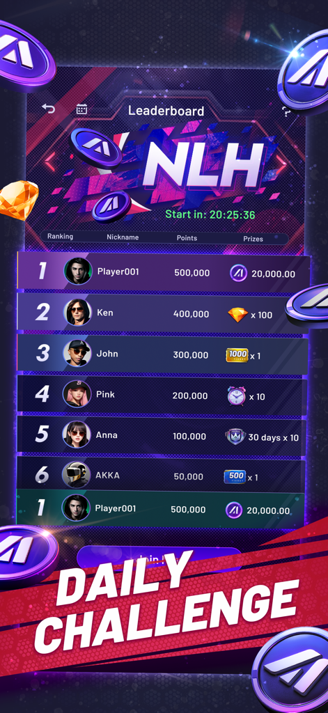 AKPoker Next-Gen Play - AKPoker app leaderboard displaying top player rankings and daily challenge prizes.
