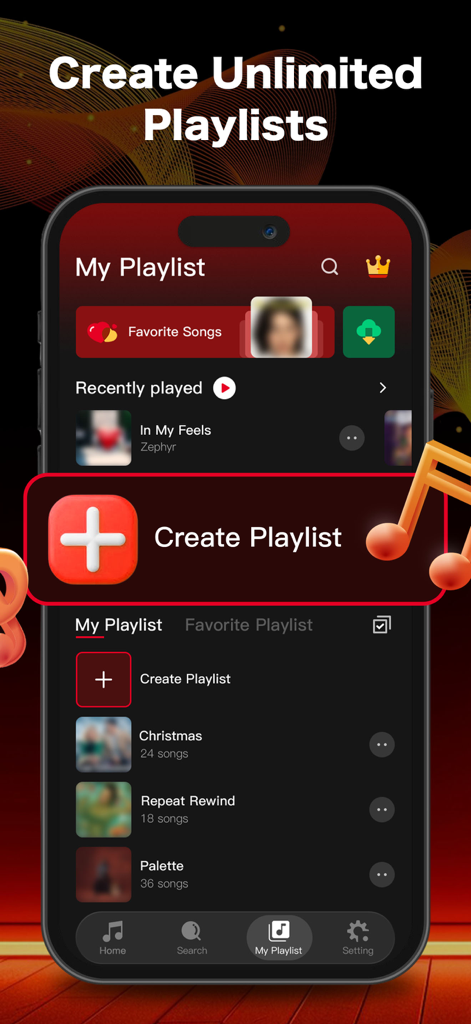 Screenshot of an offline music player app showcasing the feature to create unlimited playlists.