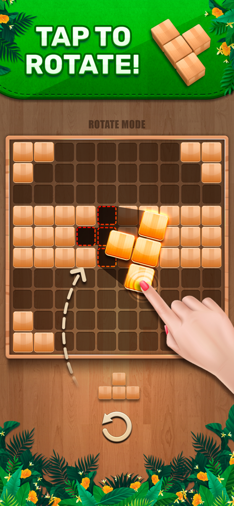 Gameplay von Wooden 100 Block Puzzle, das die 'Tippen zum Drehen'-Funktion auf einem Holzgitter zeigt.