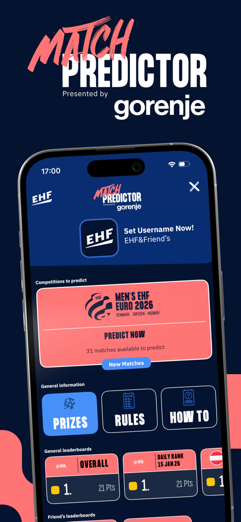 Home of Handball - Home of Handball app Match Predictor feature showing EHF EURO 2026 competition leaderboards and prizes