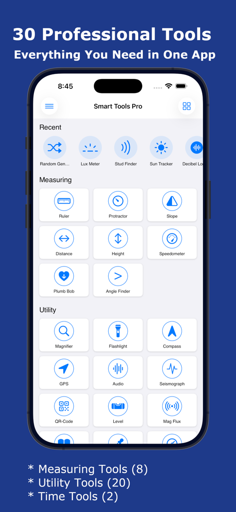 Interfaz de la aplicación Smart Tools Pro que muestra una variedad de herramientas profesionales de medición y utilidad