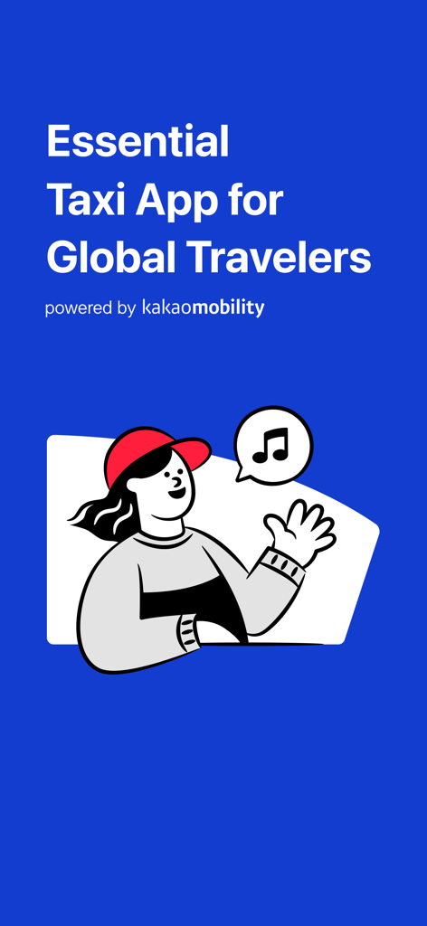 k.ride - taxi, cab, travel - Tela de introdução do aplicativo de táxi k.ride destacando seu serviço para viajantes globais com tecnologia Kakao Mobility