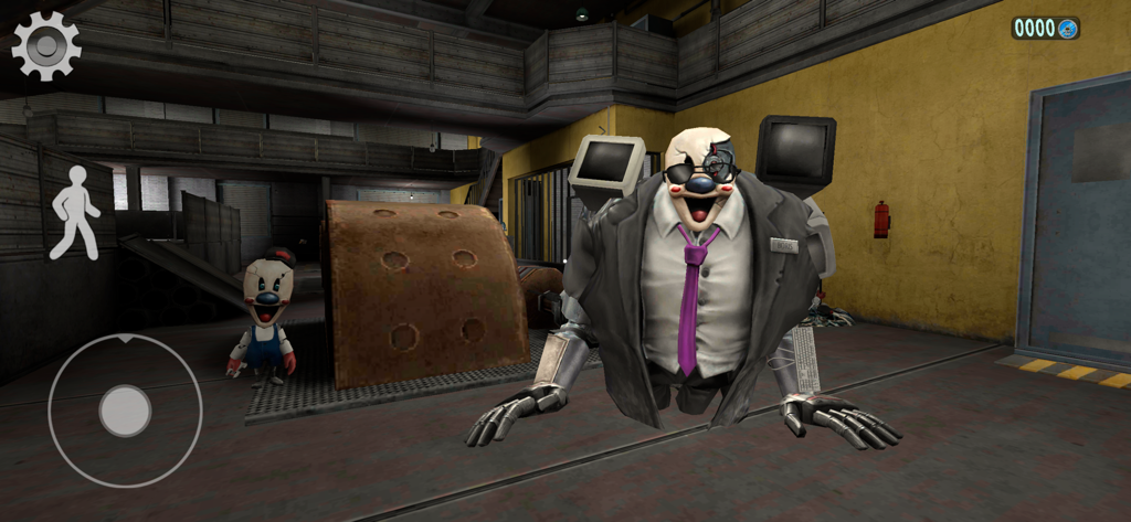 Ice Scream 8: Horror Games - Capture d'écran de gameplay d'Ice Scream 8 montrant le méchant Franken Boris dans un décor d'usine