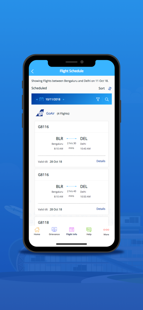 AirSewa - Mobile screen of AirSewa app showing flight schedules between Bengaluru and Delhi.