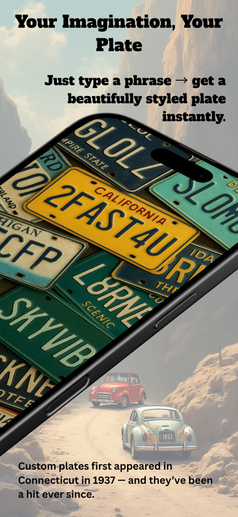 Plate Picasso! - Pantalla de smartphone mostrando varios diseños creativos de matrículas personalizadas generados por la aplicación Plate Picasso.