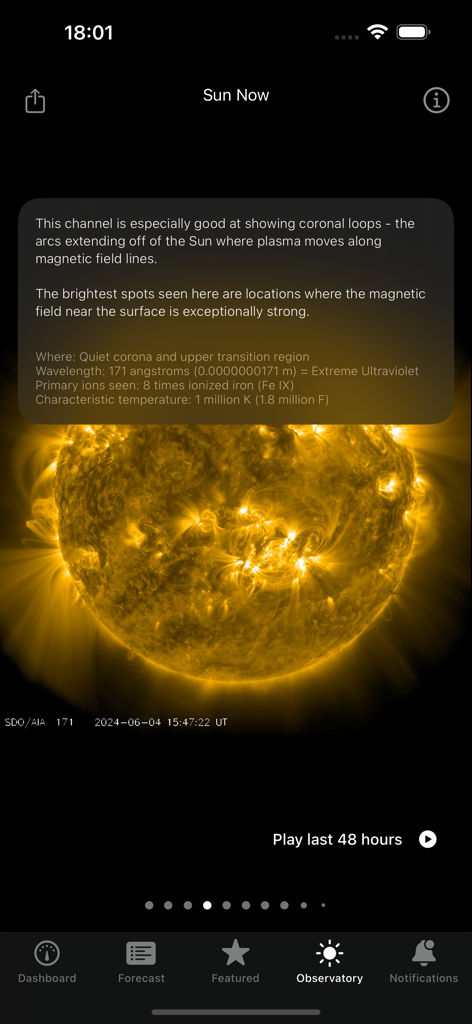 Aurora - Solar Observatory - Real-time image of the sun showing coronal loops and solar data in the Aurora Solar Observatory app.