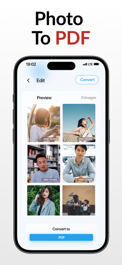 PDF Converter – Photos to PDF - Schermata di un'app mobile che mostra più immagini selezionate per la conversione in un unico documento PDF su un iPhone.