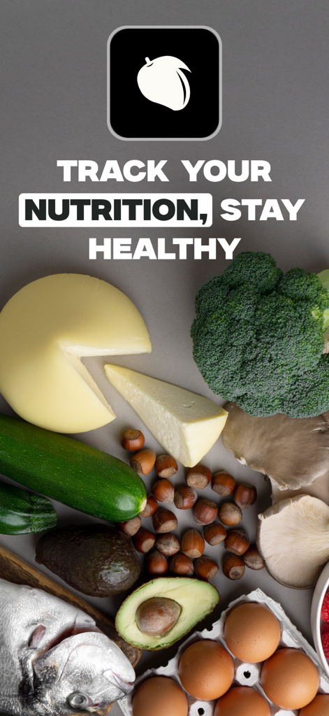 Mango AI - Calorie Tracker - Tela de boas-vindas do aplicativo Mango AI Calorie Tracker com alimentos frescos e inteiros e texto de rastreamento de nutrição