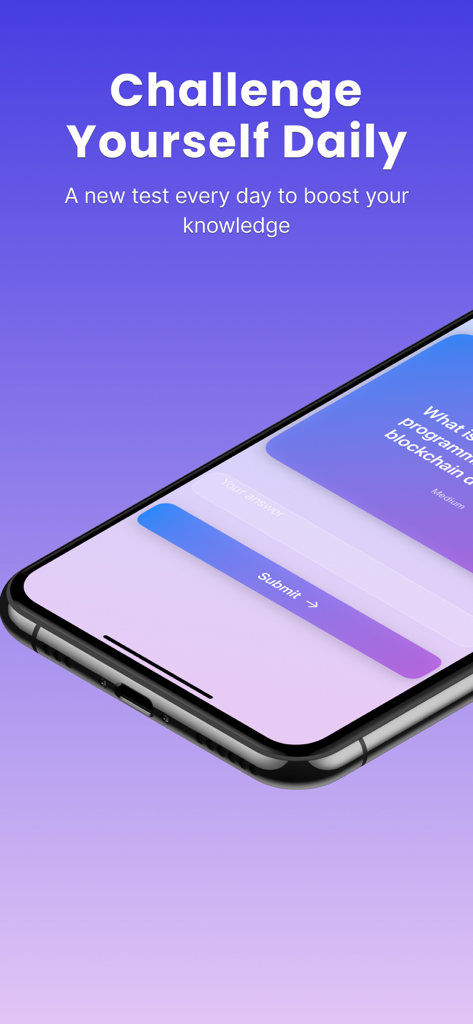 The Daily Question - A smartphone showing a daily trivia question screen from The Daily Question app with the text Challenge Yourself Daily