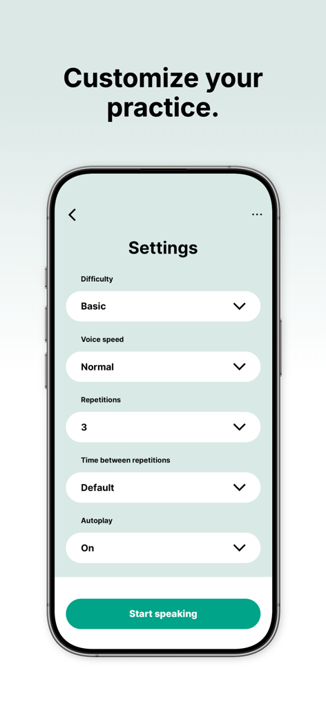Speakbolt settings screen for customizing English shadowing practice