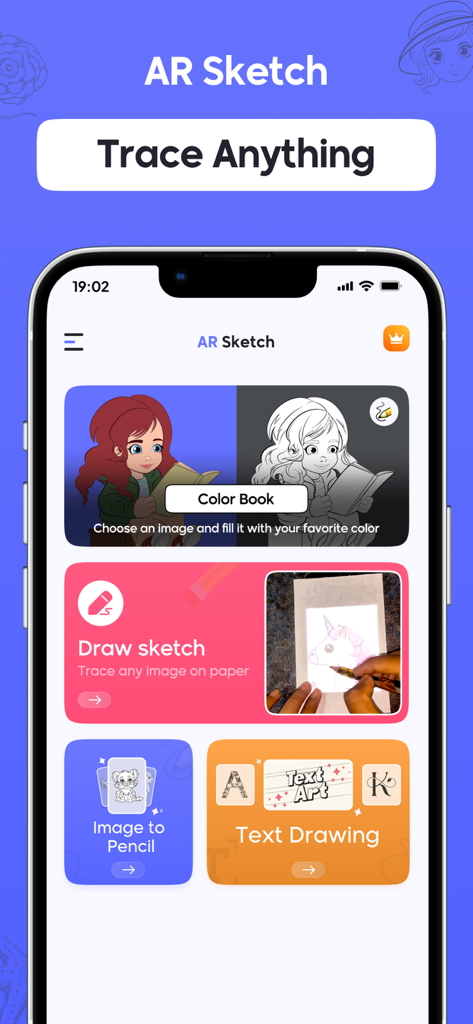 AR Sketch - Trace Anything - AR 스케치 트레이스 애니띵 앱의 메인 메뉴가 드로잉 트레이싱 및 채색 기능을 보여줍니다.