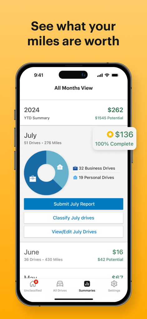 MileIQ: Mileage Tracker & Log - MileIQ app dashboard displaying monthly mileage summaries and potential tax deductions