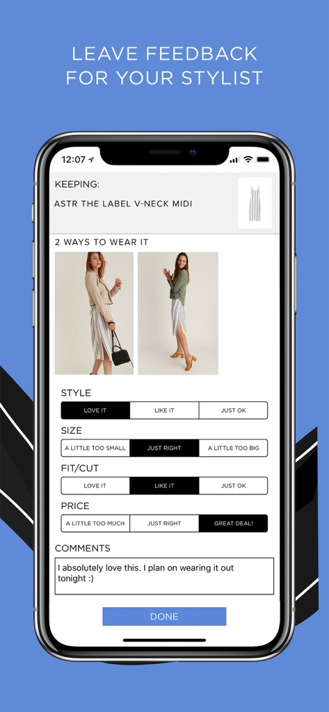 Dailylook app screen for providing feedback to a personal stylist on clothing items