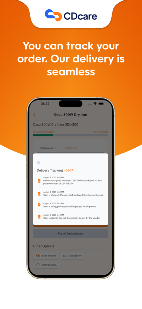 A smartphone screen displaying the CDcare app order tracking interface with real time delivery status updates for a purchased item
