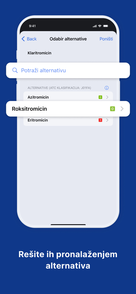 Mediately Baza Lekova - Mediately Baza Lekova app screen showing a list of alternative drugs such as Azitromicin and Roksitromicin with ATC classification.