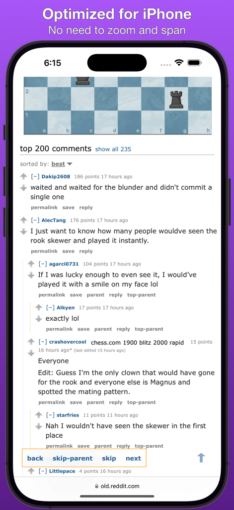 Yesterday For Old Reddit - Classic Reddit interface on an iPhone screen showing a mobile-optimized comment thread and navigation bar.