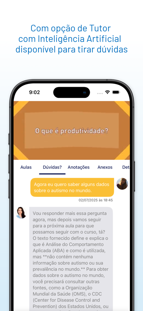 Meus Cursos Online - Interface of Meus Cursos Online app featuring an AI tutor answering student questions below a video lesson