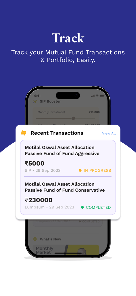 Interface do aplicativo Motilal Oswal mostrando transações recentes de fundos mútuos e acompanhamento de portfólio
