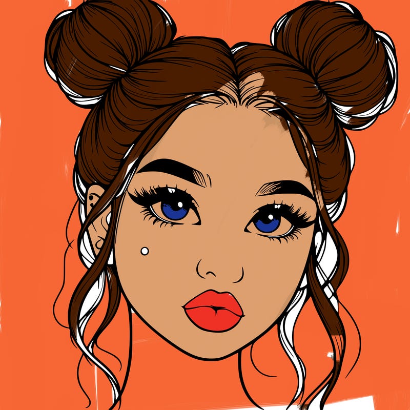 realistic girl with two buns on her hair and lips