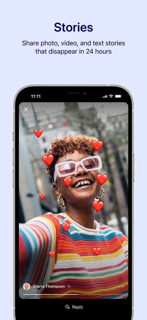 Interface do aplicativo Signal mostrando o recurso de stories com uma foto e reações de emojis