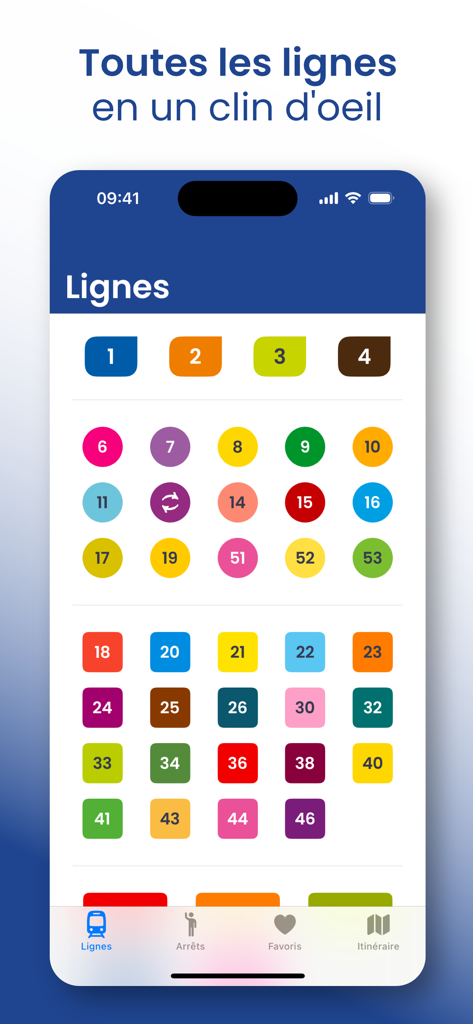 Interface de l'application Horaires TAM Montpellier montrant une grille de lignes de bus et de tram colorées et numérotées sur un écran d'iPhone.