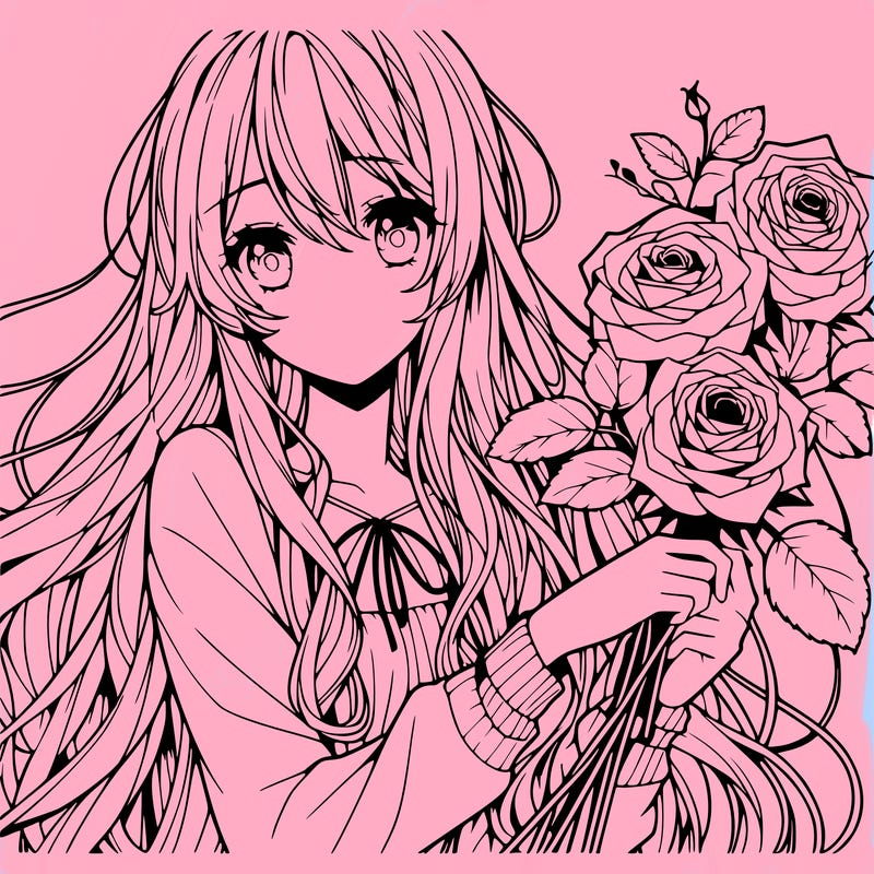 anime girl with long blonde hair with roses in her hand