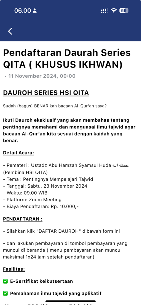 Edu HSI - Registration screen for an exclusive Tajwid course for men on the Edu HSI educational app.