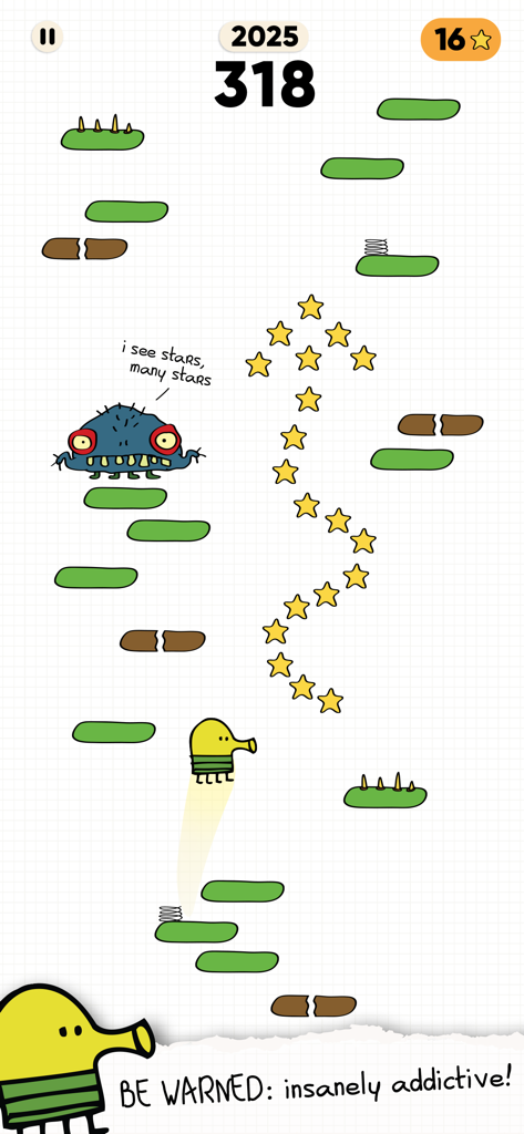 Doodle Jump 2 character jumping on platforms toward a star trail and a silly monster