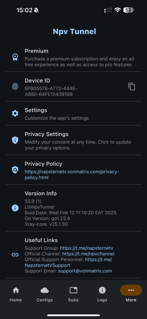 Settings and version info screen of the Npv Tunnel app showing premium options and technical support links.