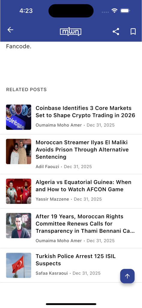 Liste verwandter Nachrichtenartikel auf der Morocco World News App-Oberfläche