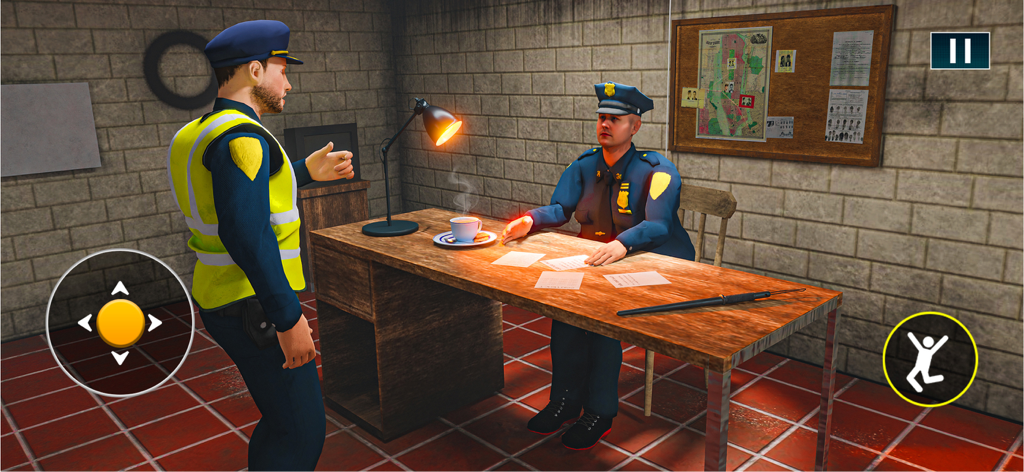 Un guardia de seguridad hablando con un oficial de policía en la sala de una oficina de control fronterizo.