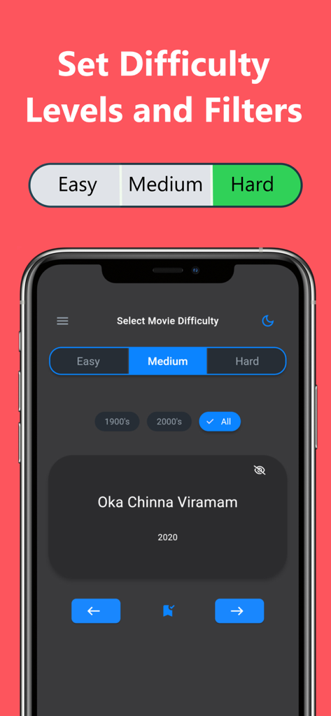 Dumb Charades Telugu - Difficulty levels and movie era filters screen in the Dumb Charades Telugu app