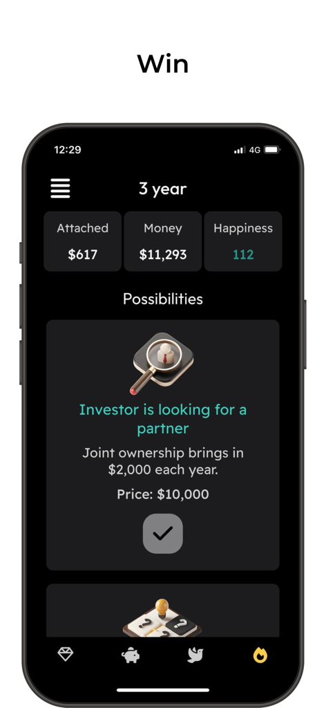CashFlow Game - Schermata mobile del Gioco CashFlow che mostra un accordo di investimento con un partner.
