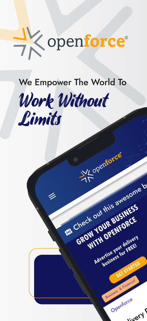 Openforce mobile app on a smartphone displaying a business management dashboard for independent contractors