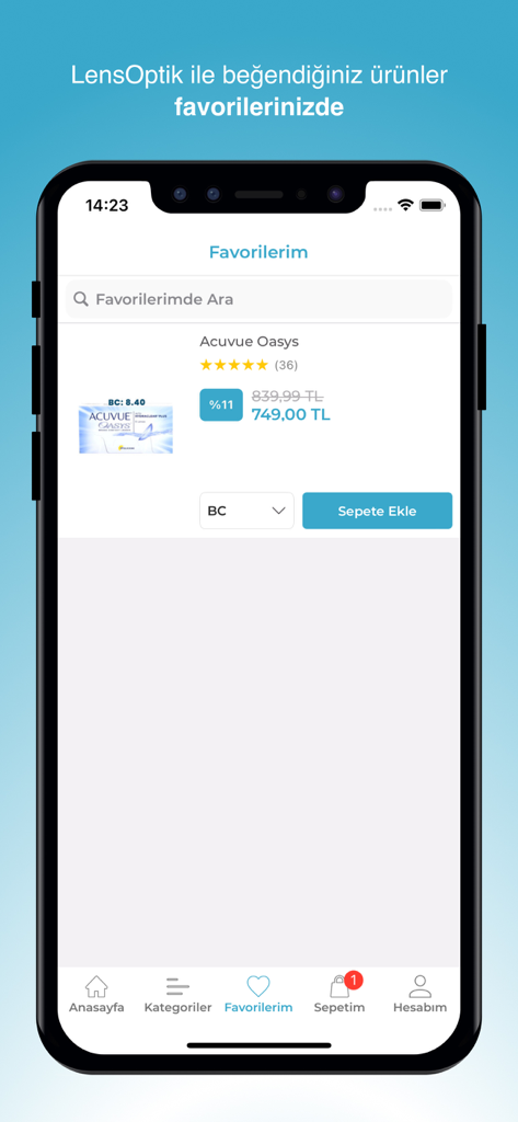 Lensoptik.com - Lensoptik mobile app favorites screen displaying discounted contact lenses