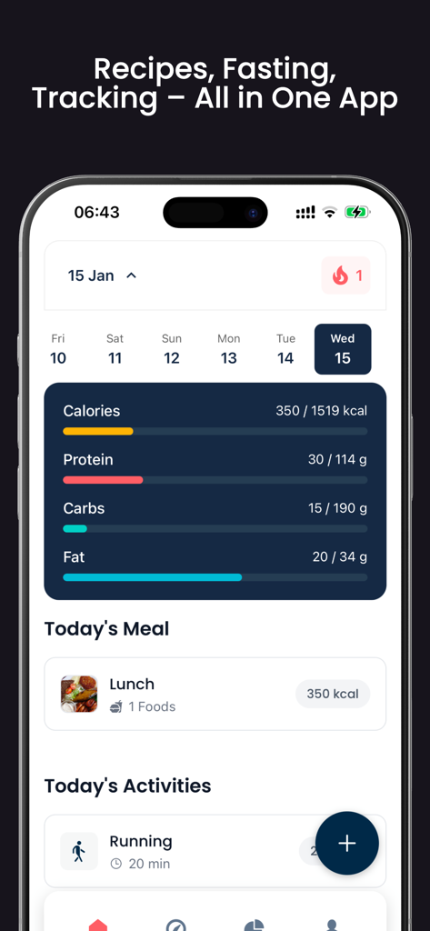 Avokado - AI Calorie Tracker - Dashboard dell'app Avokado che mostra l'apporto calorico giornaliero, il tracciamento dei macronutrienti e le attività di fitness