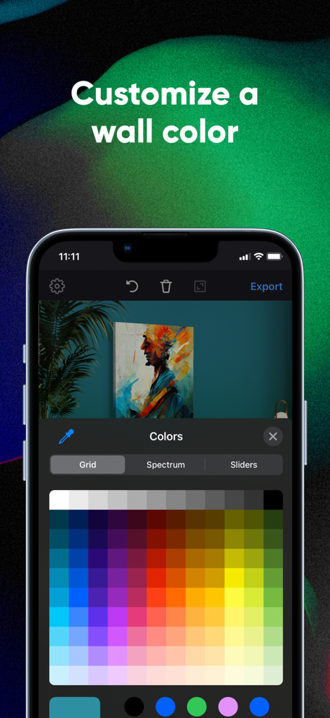 Smartist: Art Preview on Wall - iPhone screen showing the Smartist app interface for customizing wall colors in an art mockup.