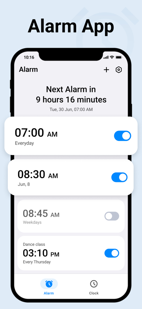 Clock - Wake Up Gently - Oberfläche der Clock-App, die mehrere geplante Wecker und einen Countdown bis zur nächsten Aufwachzeit anzeigt
