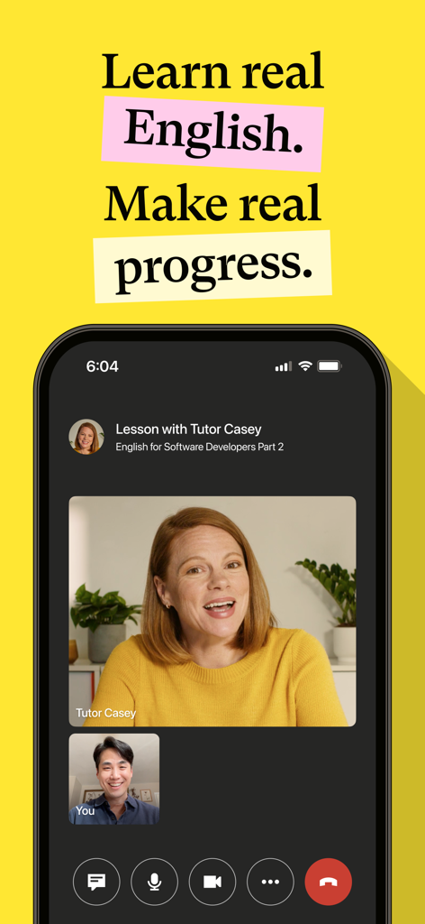Cambly mobile app showing a live video call with a native English tutor for professional development.