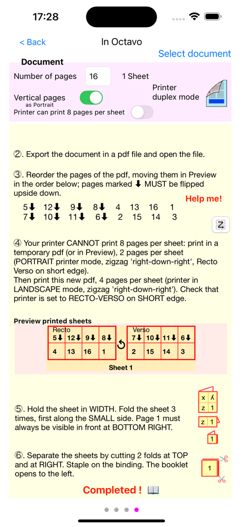 In Folio app interface showing step-by-step instructions for printing and folding an octavo booklet