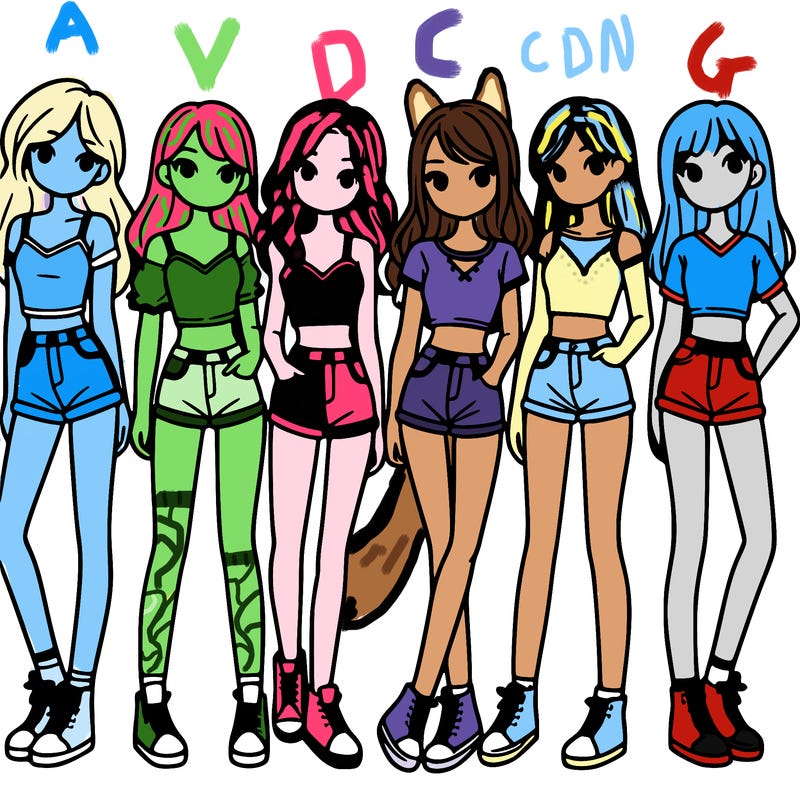 a group of girls wearing crop tops and shorts