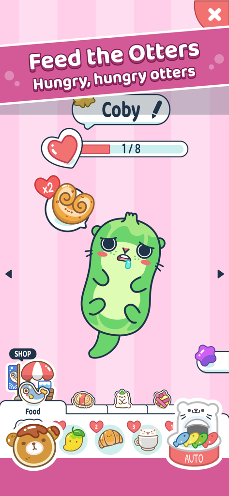 Otter Oceanモバイルゲームで、餌を待っているCobyという名前の緑色の可愛いラッコ