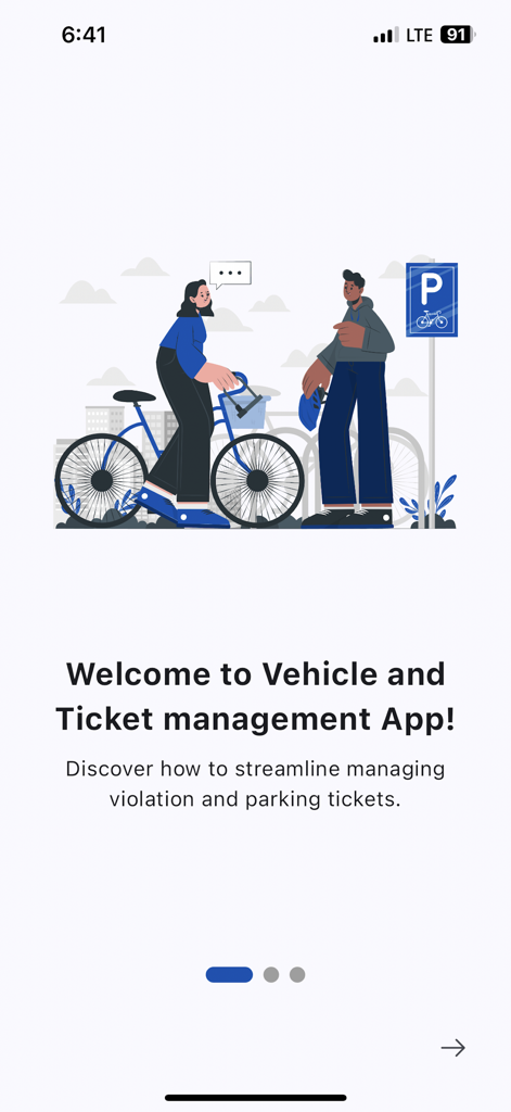 Pantalla de bienvenida de la aplicación AATMA Drivers para gestionar multas y boletos de infracción con una ilustración de viajeros urbanos.