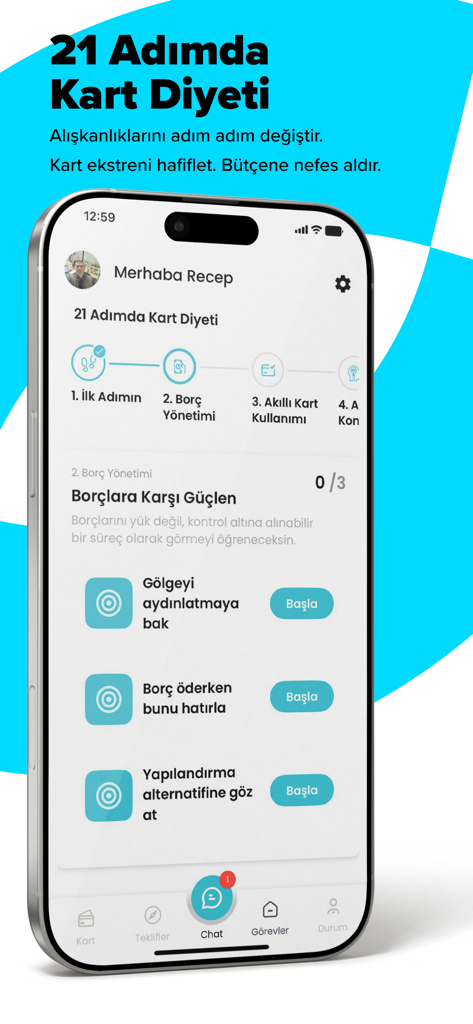 Mobile screenshot of Monay app showing a 21-step guide for credit card debt management