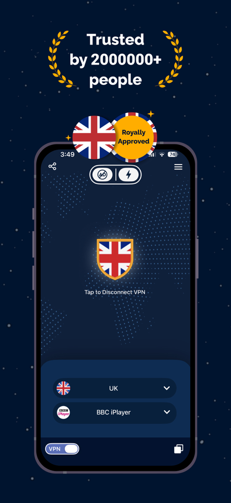 VPN UK - Free VPN and Browser - iPhone app interface for VPN UK showing a secure connection to UK servers and BBC iPlayer for streaming