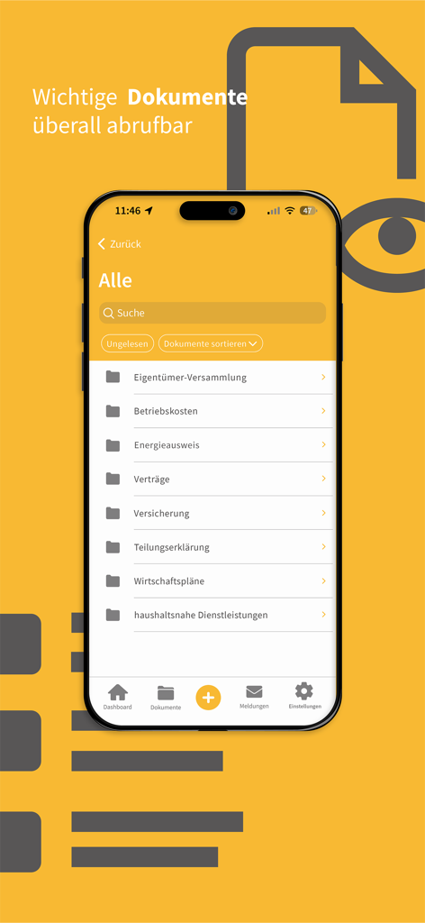 Zuhause - effizient verwaltet - A smartphone displaying the Zuhause app's document management screen with folders for property-related files like operating costs and contracts.