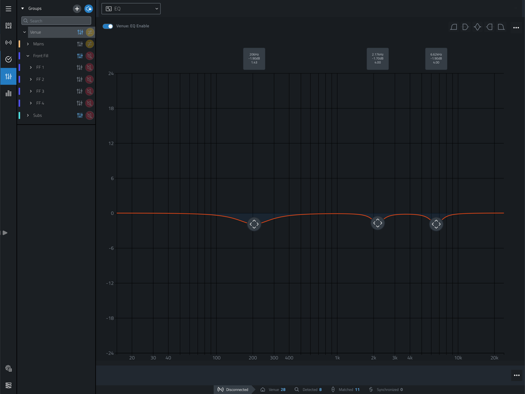 JBL Performance - JBL Performance iPad app showing a professional audio equalizer interface with frequency response adjustments