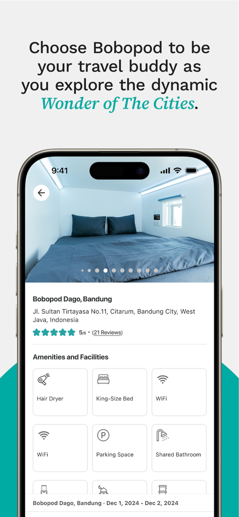 Bobobox mobile app showing a Bobopod room listing in Bandung with amenities and facilities