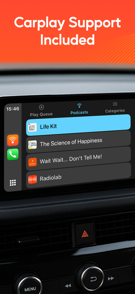 Podcast Player app interface displayed on a car dashboard via Apple CarPlay showing a list of podcast episodes